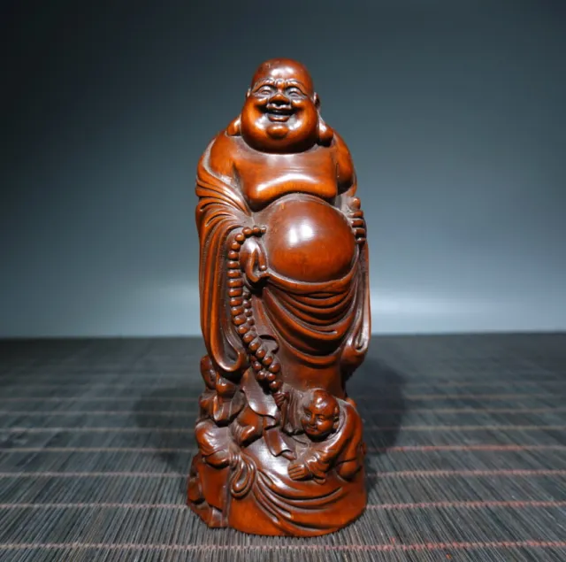 Vintage Chinese Wooden Carved Children Laughing Buddha Statue Wood Sculpture Art