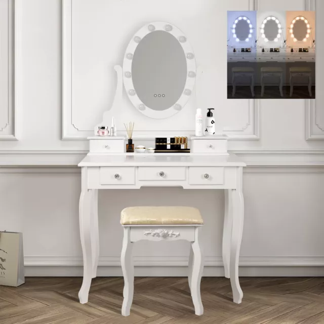 Tavolino trucco cosmetico specchio toeletta illuminata a LED sgabello 5 cassetti