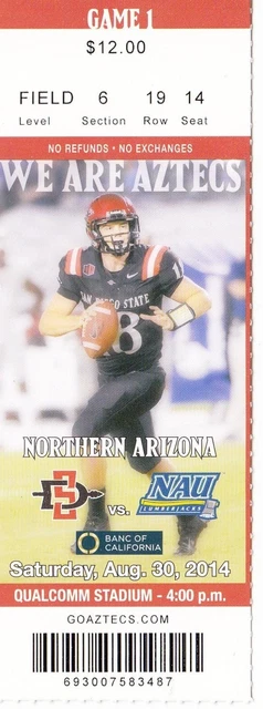 2014 San Diego State Vs Nau Lumberjacks 8/30 Ticket Stub College Football