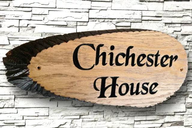 Personalised  Wooden House Name Sign , Oak Carved Address Plaque slice Outdoor