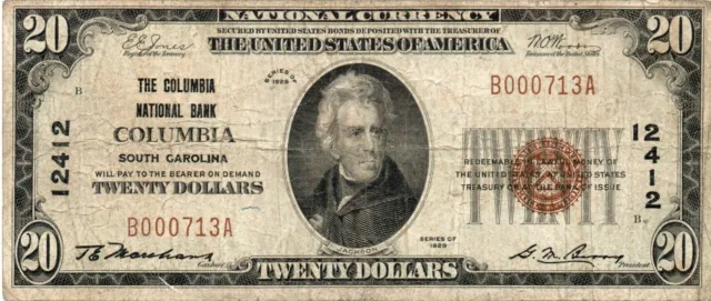 FR#1802-1 1929 $20 Columbia NB Columbia SC Bank Note CH# 12412