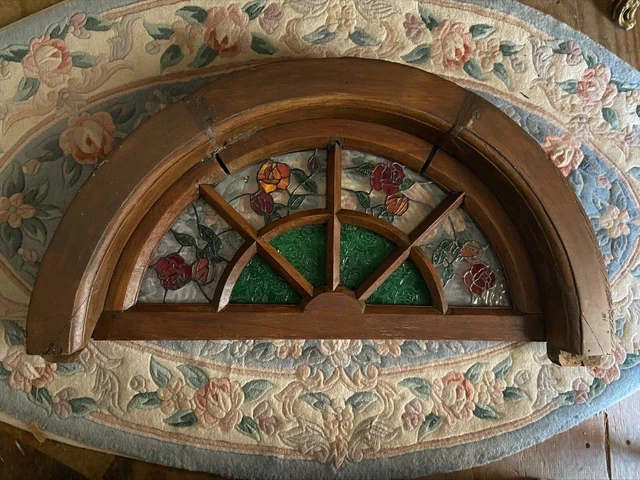 Stained Glass Oak Fanlight/ Lunette w/ Rose Details - Reclaimed & Restored
