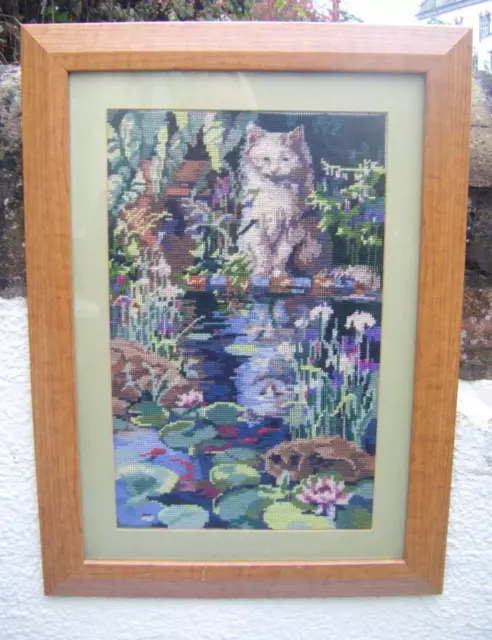 Cat Cross Stitch Completed & Framed Tapestry Floral Garden Pond 16'' x 22''
