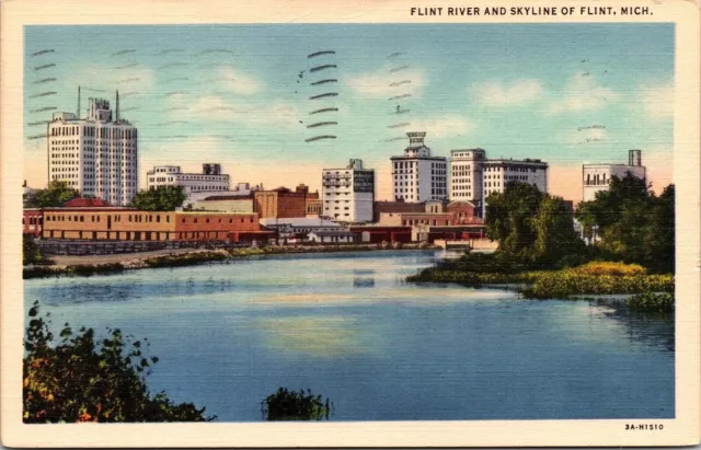 Postal vintage Flint River Skyline Michigan MI lino PM cancelación limpia nota WOB