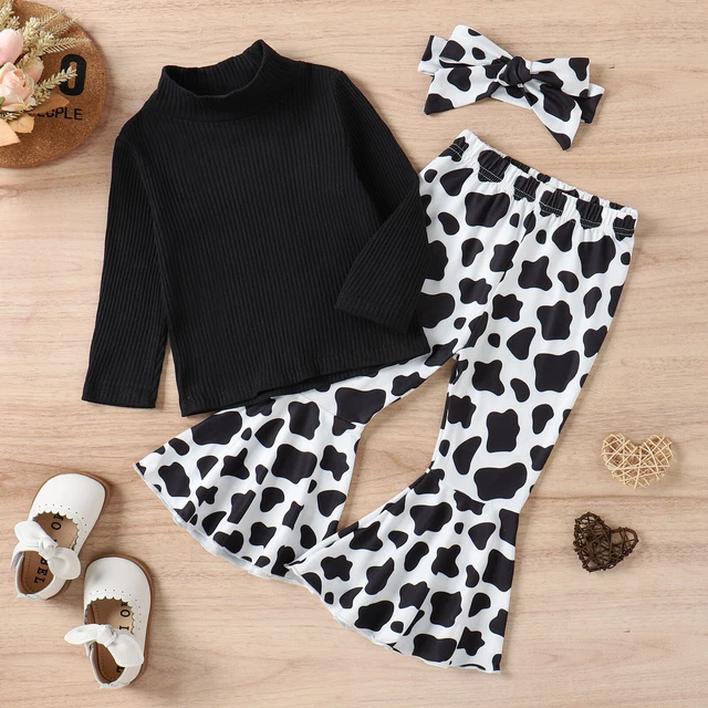 Toddler Girls Long Sleeve Ribbed T Shirt Tops Leopard Printed Bell Bottoms