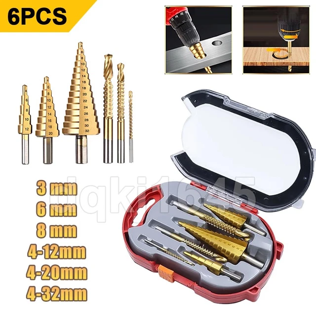 6pcs Titanium Step Drill Bit Set HSS Center Punch For Woodworking Metal Cuuter