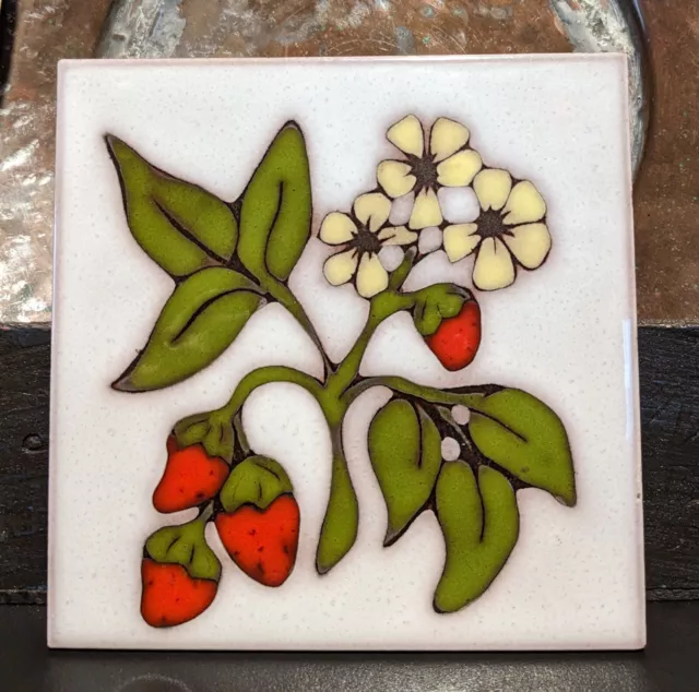 Hand Painted Glazed Terracotta 6x6 Tile Trivet Made in Italy Strawberries Floral