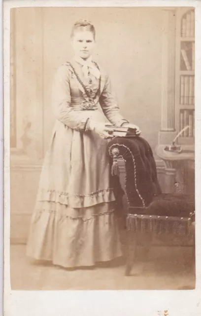 Victorian Cdv Photo. Lady Holding Books/Bookcase/Fashion. T. Walker, Cirencester