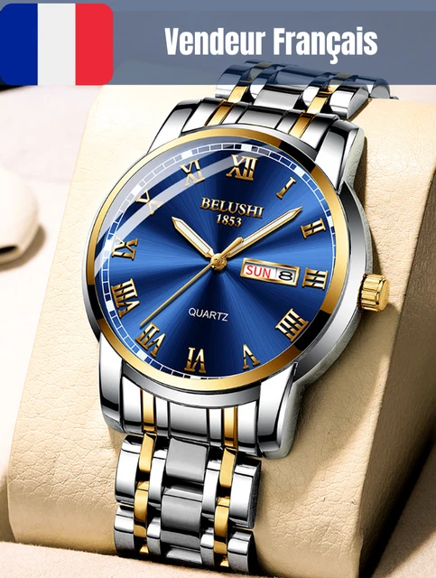 Montre Quartz Vintage Homme - Cadran Noir/bleu, Bracelet Caoutchouc Bleu - Résistance 10m