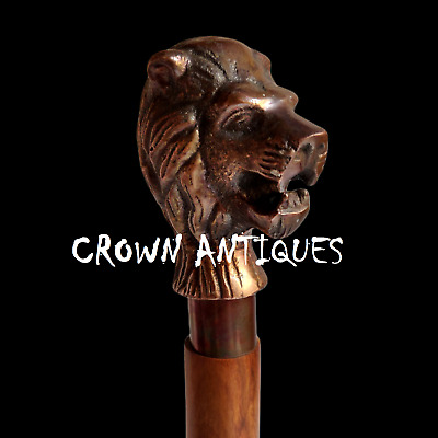 Vintage Brass Handle Wooden Walking Stick Designer Lion Head Victorian Gift Cane
