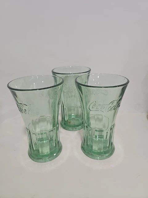 (Lot of 3) Vintage Coca-Cola Heavy Green Glasses Raised Letters "L" Stamped 6"