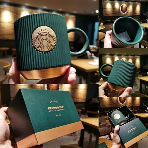 Starbucks Dark Green Goddess Striped Mug Ceramic Coffee Cup Water Cup Gifts Box