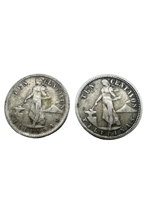 Lot of 2 U.S. Philippines coins 1944 D & 1945 D 10 centavos 75% Silver coins