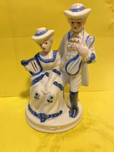 Porcelain Figurine Olde Style Lady & Gentleman Blue White & Gold Painted