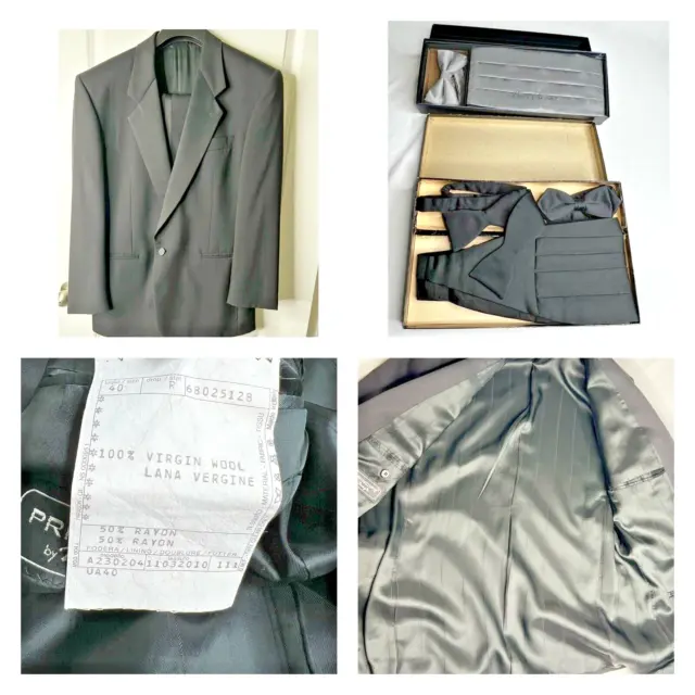 VTG Principe Black Wool. One Button Full Tuxedo 40R & 2 Cummerbund Sets Italy