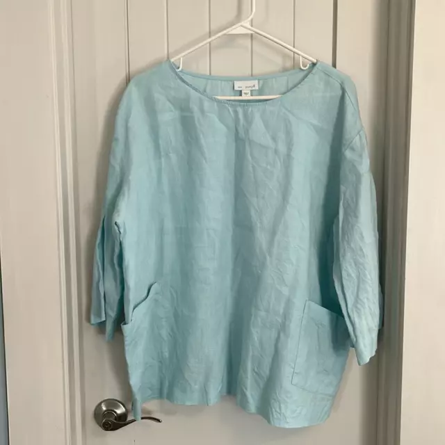 J. Jill Pure Jill Light Aqua Linen Boxy Top Pockets, Large Petite