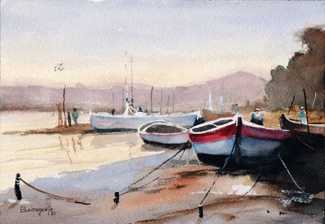 Acuarela Original De Berruguete, Figueras Desde El Esquilo Watercolour  Oferta