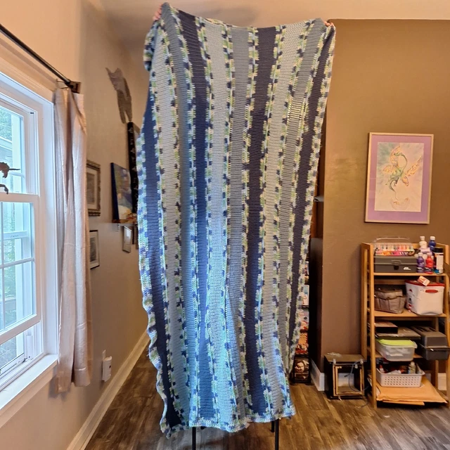 Vtg King Size Afghan Blanket Shades of Blue 110" x 90" Handmade