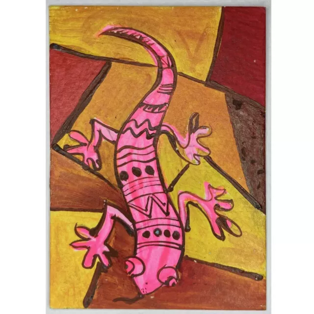 ACEO ORIGINAL PAINTING Mini Collectible Art Card Signed Animal Pink Lizard Ooak