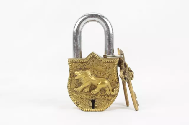 Style Ancien Laiton Lion Cadenas : Solide Artisanal Figurine Verrou Avec Clés