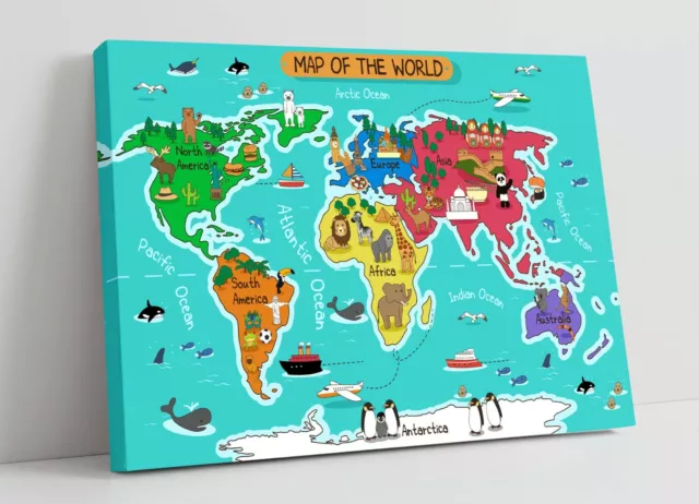 Kids Colourful Fun Map Of The World -Deep Framed Canvas Wall Art Picture Print