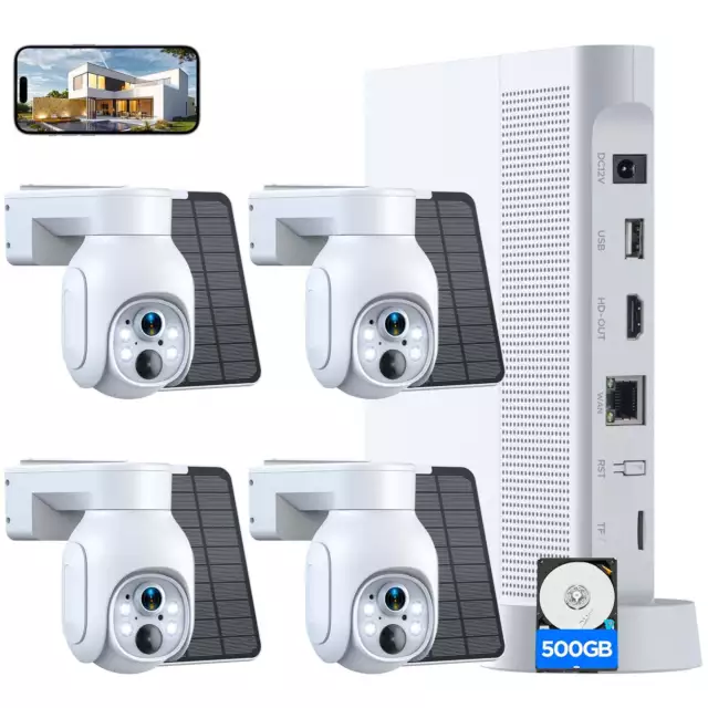 Solar Powered Wireless Security Camera System Outdoor 4MP Wifi PTZ Camera 500GB