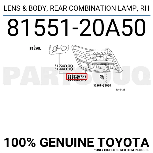 8155120A50 Genuine Toyota LENS &amp; BODY, REAR COMBINATION LAMP, RH OEM
