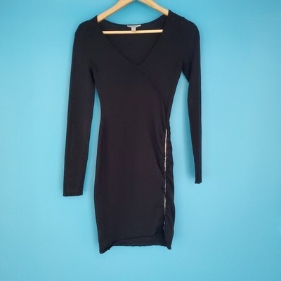 Guess Women's XS Black Knit Long Sleeve Sheath V-Neck Dress
