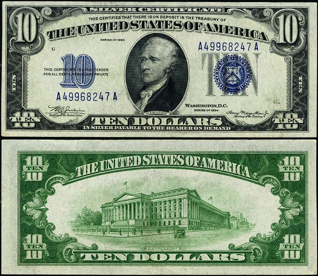 FR. 1701 $10 1934 Silver Certificate Non-Mule A-A Block AU+