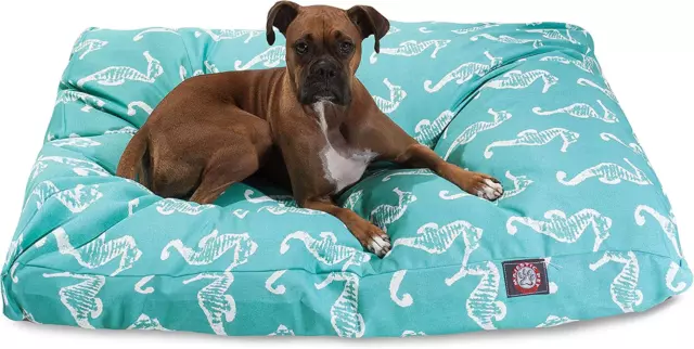 Teal Sea Horse Extra Large Rectangle Indoor Outdoor Pet Dog Bed with Removable W