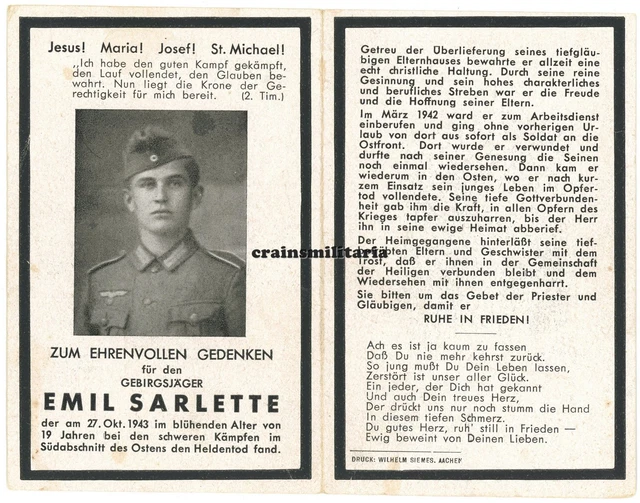 Orig. Sterbebild 4.GD Gebirgsjäger ° Bütgenbach Belgien + MELITOPOL Ukraine 1943