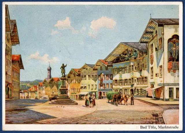 Bad Tölz Oberbayern Marktstraße Künstlerkarte 1941 nach Bammental Baden AK