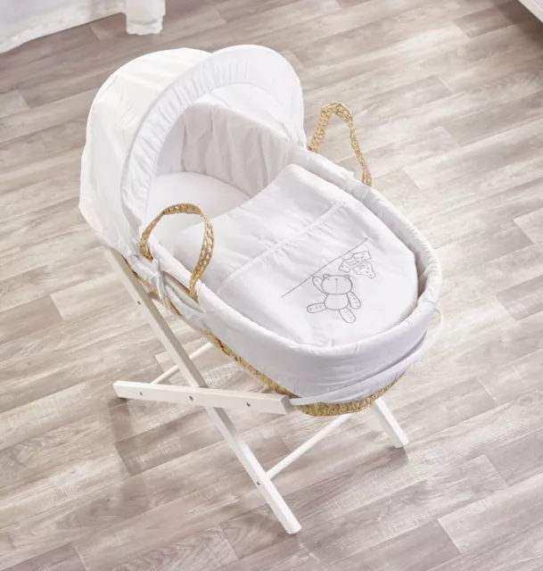 White Moses Basket with Folding Stand, Mattress & Hood Teddy's Wash Day Palm Cot