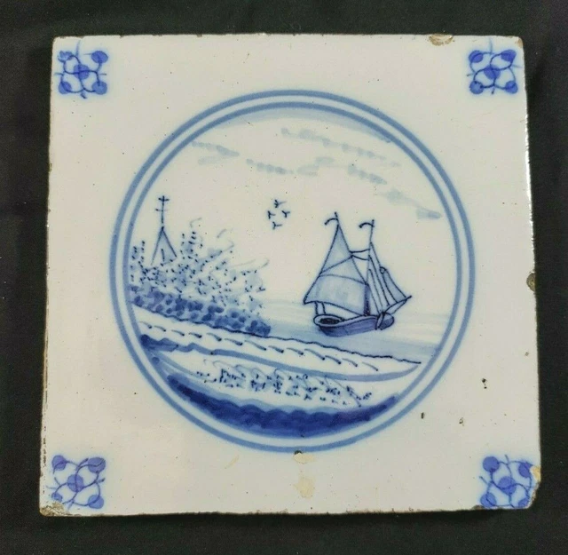 Antique 1800s Blue Delft Tile Boat Holland Dutch Decorated Glazed Pottery Ship