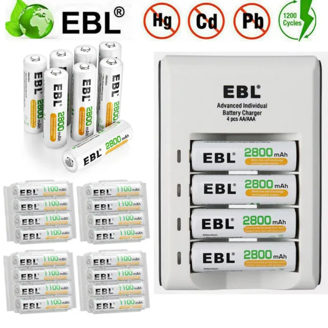 EBL AAA AA Rechargeable Batteries 1100mAh/2800mAh 1.2V Ni-MH / Smart Charger Lot