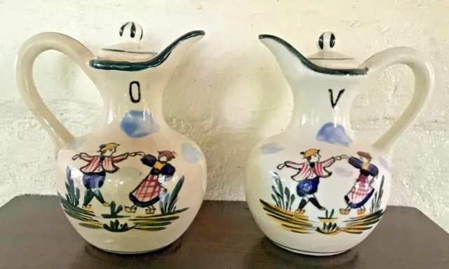 Vintage Vinegar & Oil Pitchers 2 Pc Set Hand Painted Ceramic L&M Inc 5" Tall