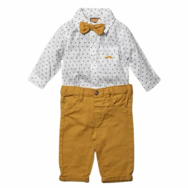 Baby Boys Little Gent Formal Outfit Diamond Bodysuit Shirt Bow Tie & Trousers