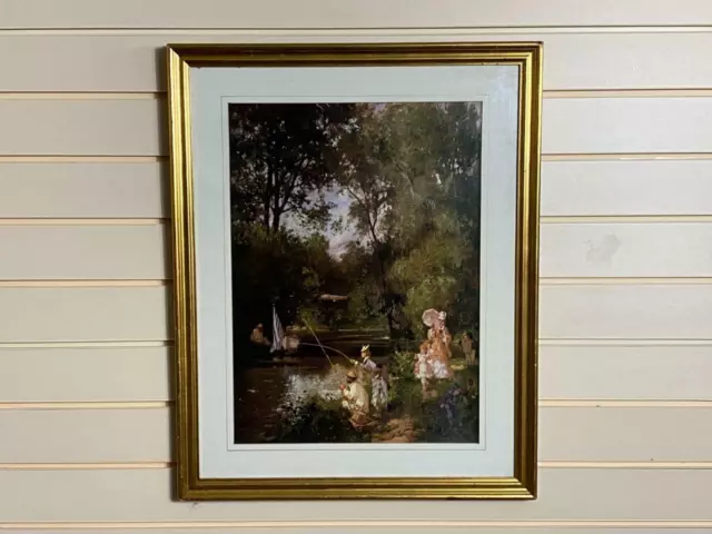 Framed print of a victorian / edwardian river scene fishing ladies children