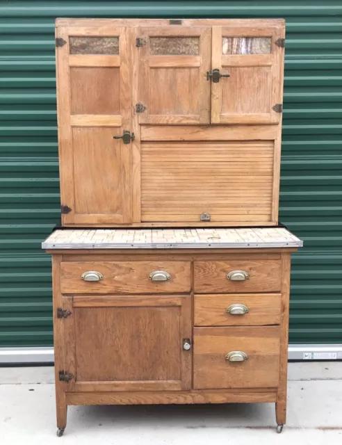 Vintage Antique Hoosier Style Oak  Wilson Kitchen Cabinet slag glass tambor door