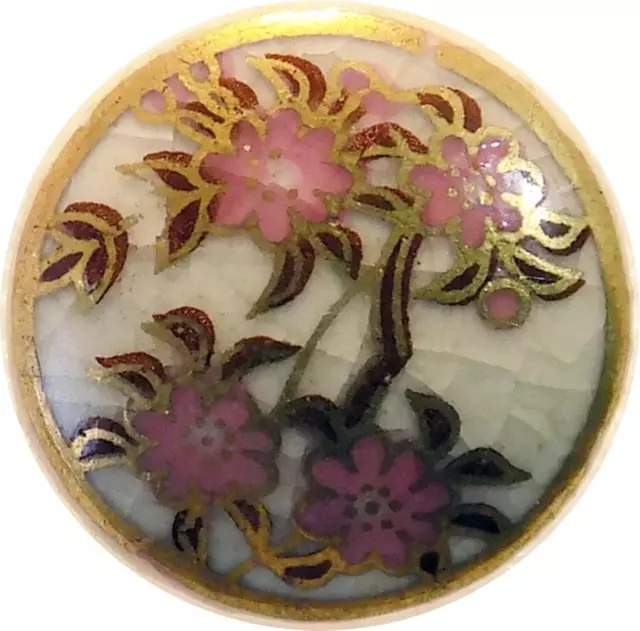 Vintage Japanese Satsuma Button 9/16" Diameter Pink Flowers