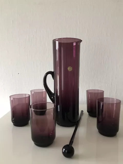 60/70-er: RAUCHGLAS 5 Gläser Wassergläser+Karaffe+GLAS Rührstab LimonadenSet