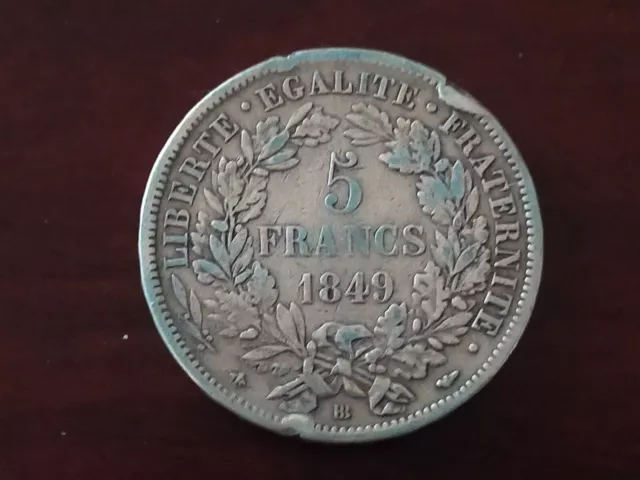 France monnaie 5 francs 1849 BB Strasbourg en argent type Cérès