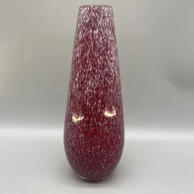 Vntg MCM Hand Blown Art Glass Vase Ruby Red Cased Glass With White Confetti