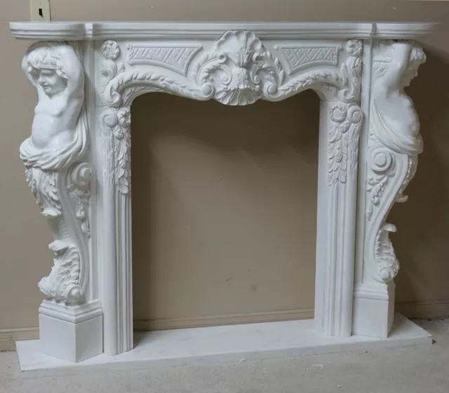 Solid White Marble French Fireplace Mantel with Cherubs Hand Carved 61"W x 48"H