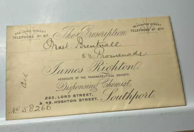 Antique Pharmacy Prescription Envelope  James Righton Southport to Mr Brentnall