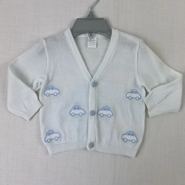 Vintage Baby Dove Infant Boy's Cardigan Sweater White With Blue Cars 12 Months