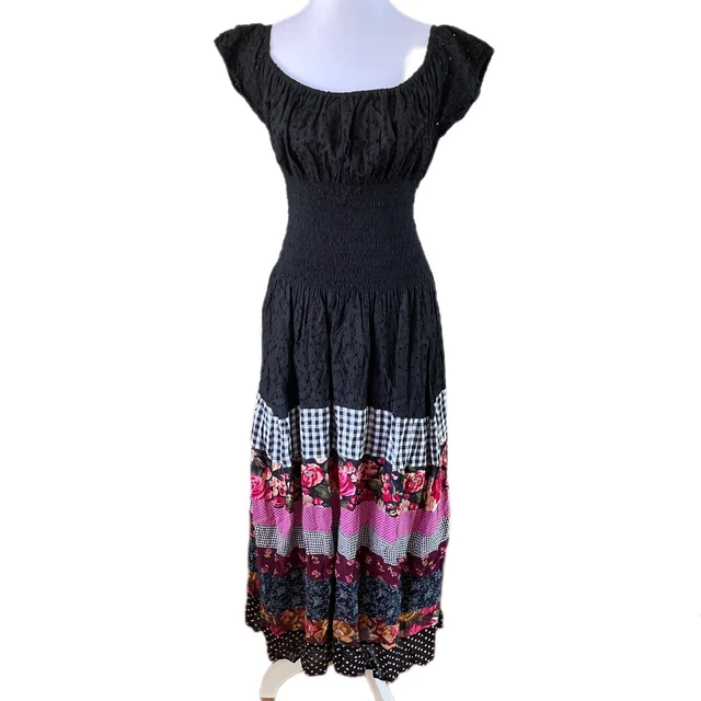 NWT Luna Luz Sz M Floral Patchwork Boho Prairie Dress Eyelet Shirred Waist
