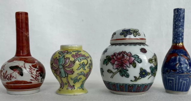 LOT of Four Chinese MINIATURE Vases Hand Painted Famille Rose style
