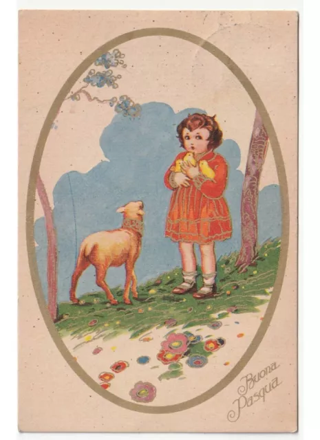 1934 bambina pulcini agnello cartolina augurale Buona Pasqua d'epoca