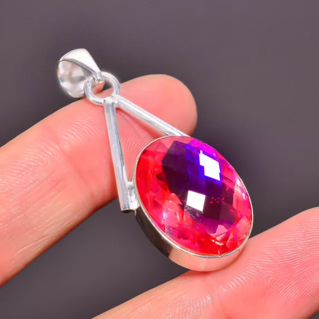 Mystic Quartz Gemstone Ethnic Handmade 925 Sterling Silver Pendant 1.7" GSR-2198